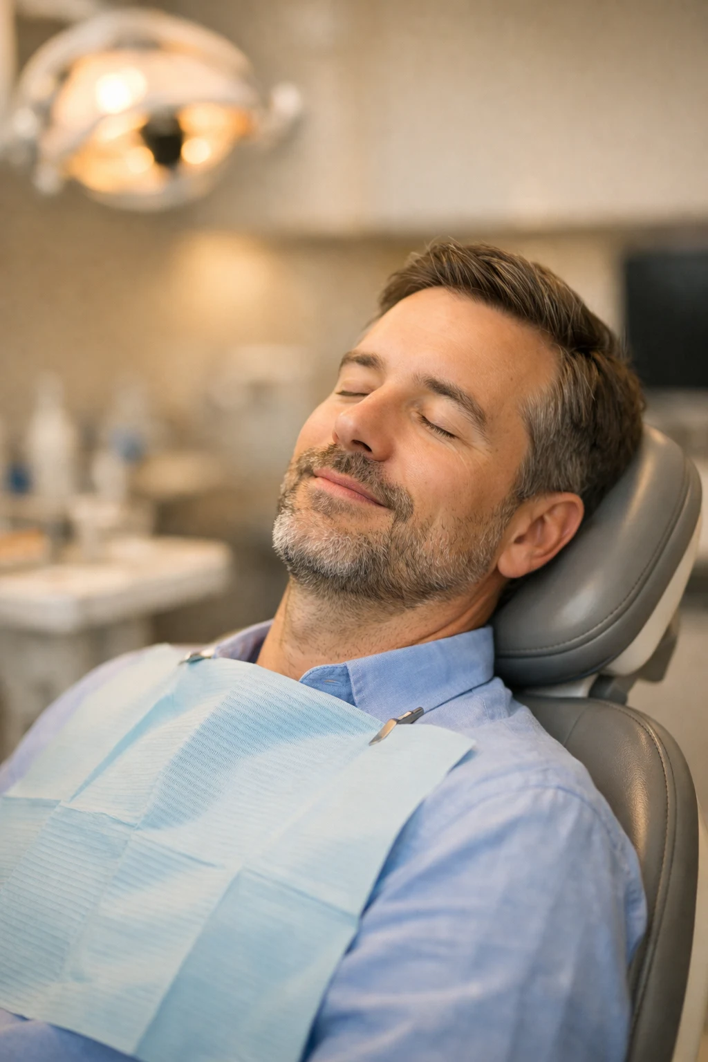A relaxed dental patient reclined comfortably in the treatment chair wearing protective glasses